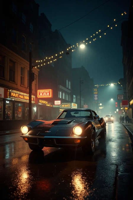 Old sport car on the street on a rainy night.